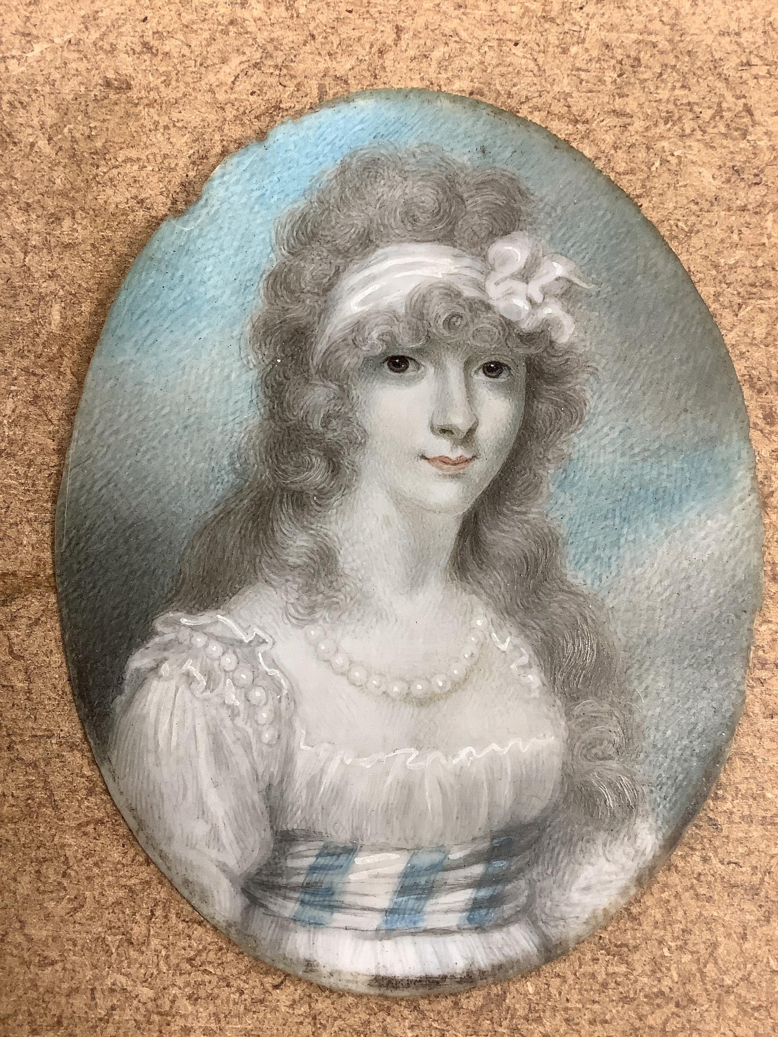 Attributed Richard Cosway R.A. (1742-1821); A portrait miniature on ivory of a lady, 7.7 cm x 6 and a pair of early 19th century portrait miniatures on Ivory of a gentleman and lady